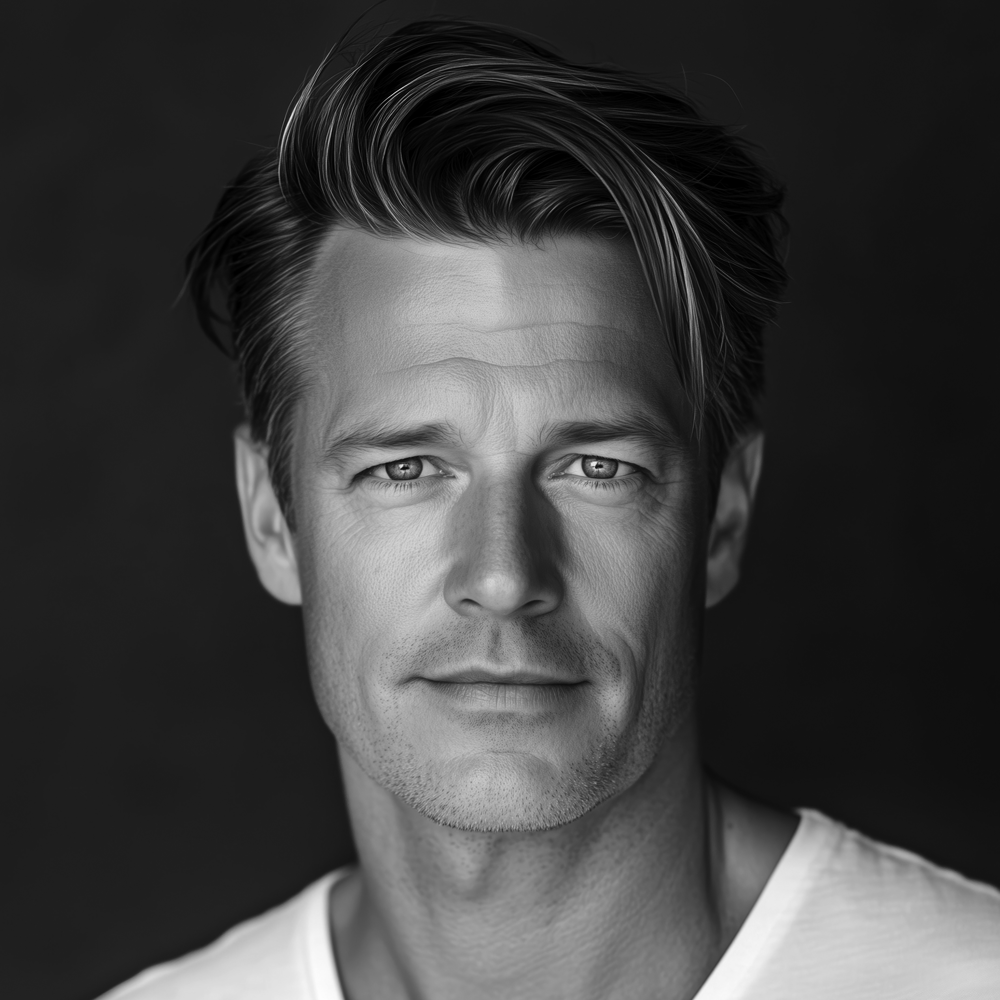 Black-and-white portrait of confident man with styled hair