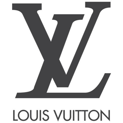 Louis Vuitton overlapping LV monogram with brand name beneath.