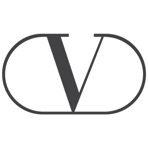 Valentino “V” monogram enclosed in a rounded horizontal oval outline.