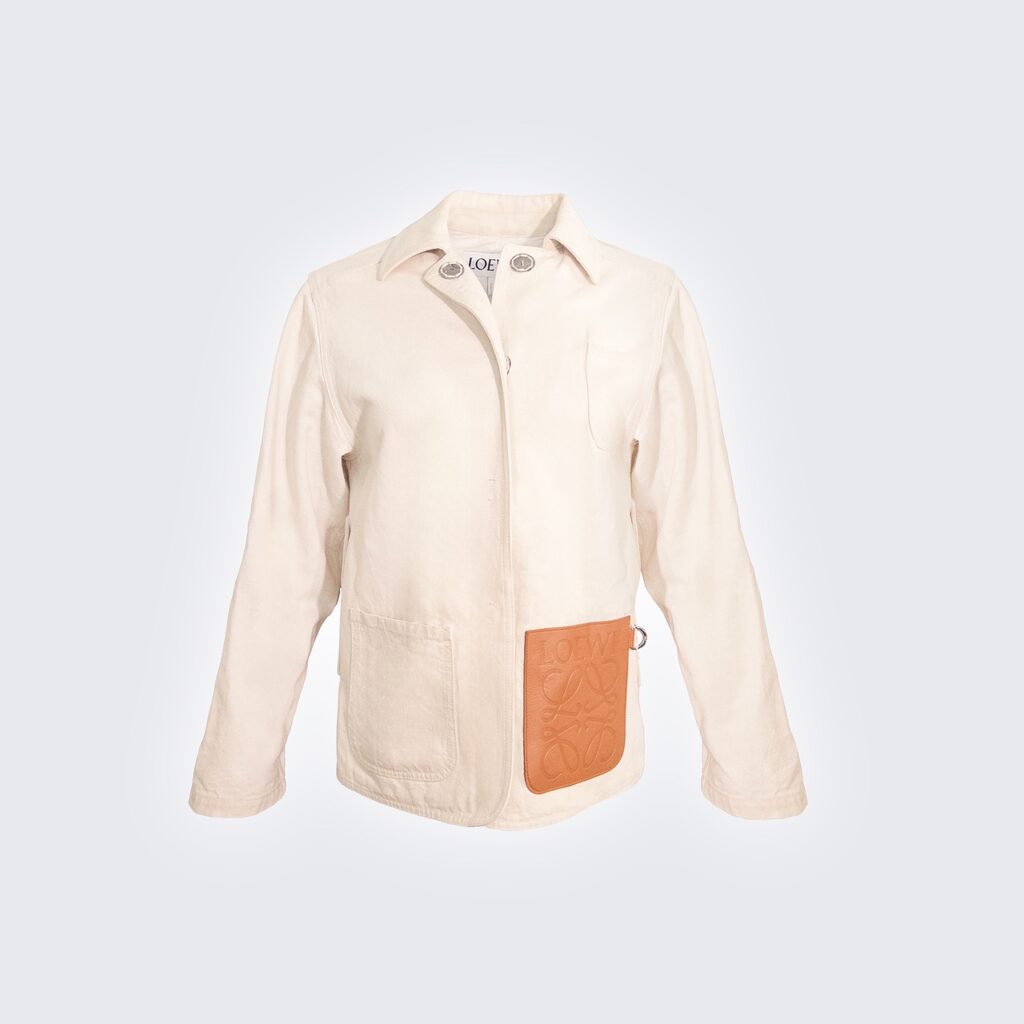 Loewe beige utility jacket with embossed tan leather patch.