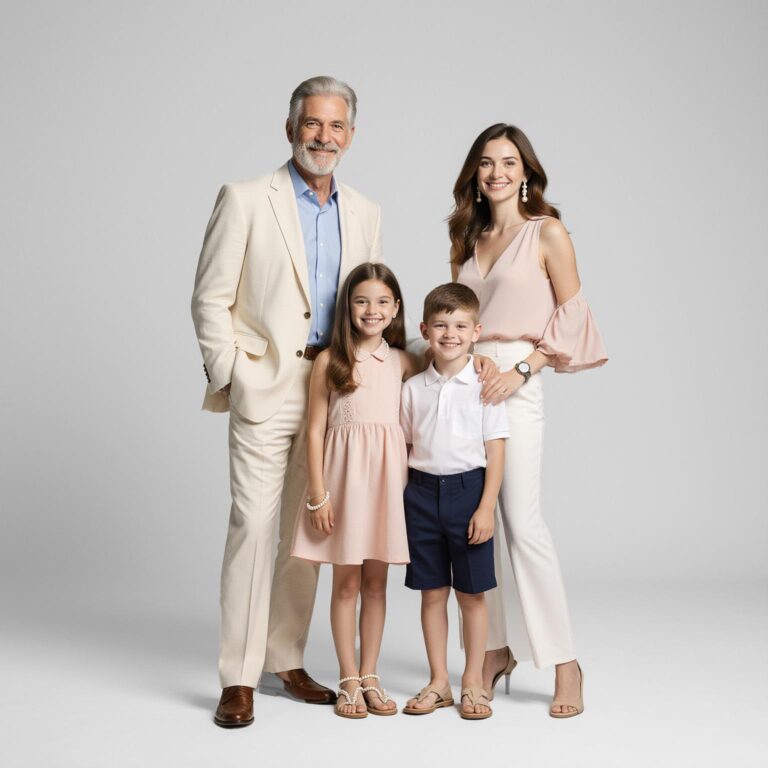 Elegant family in pastel outfits representing Sudsies’ luxury dry cleaning and garment care services for Allison Island residents.