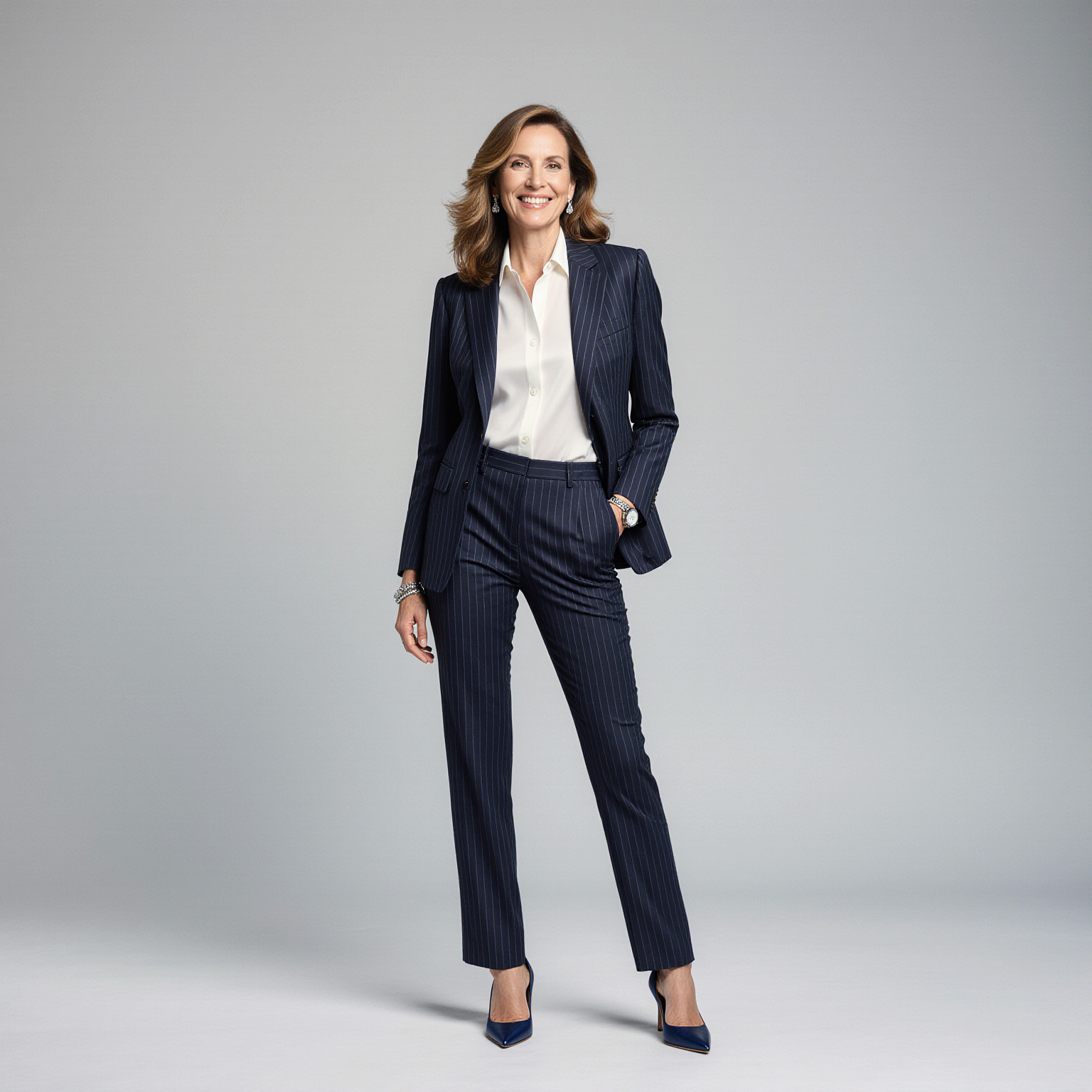 Professional woman in a tailored suit representing Sudsies luxury dry cleaning in Harbor Drive Key Biscayne.